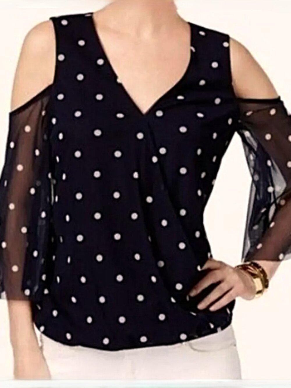 INC Long Sleeve Cold Shoulder Black & White Polka Dot Surplice Top--EUC--M
